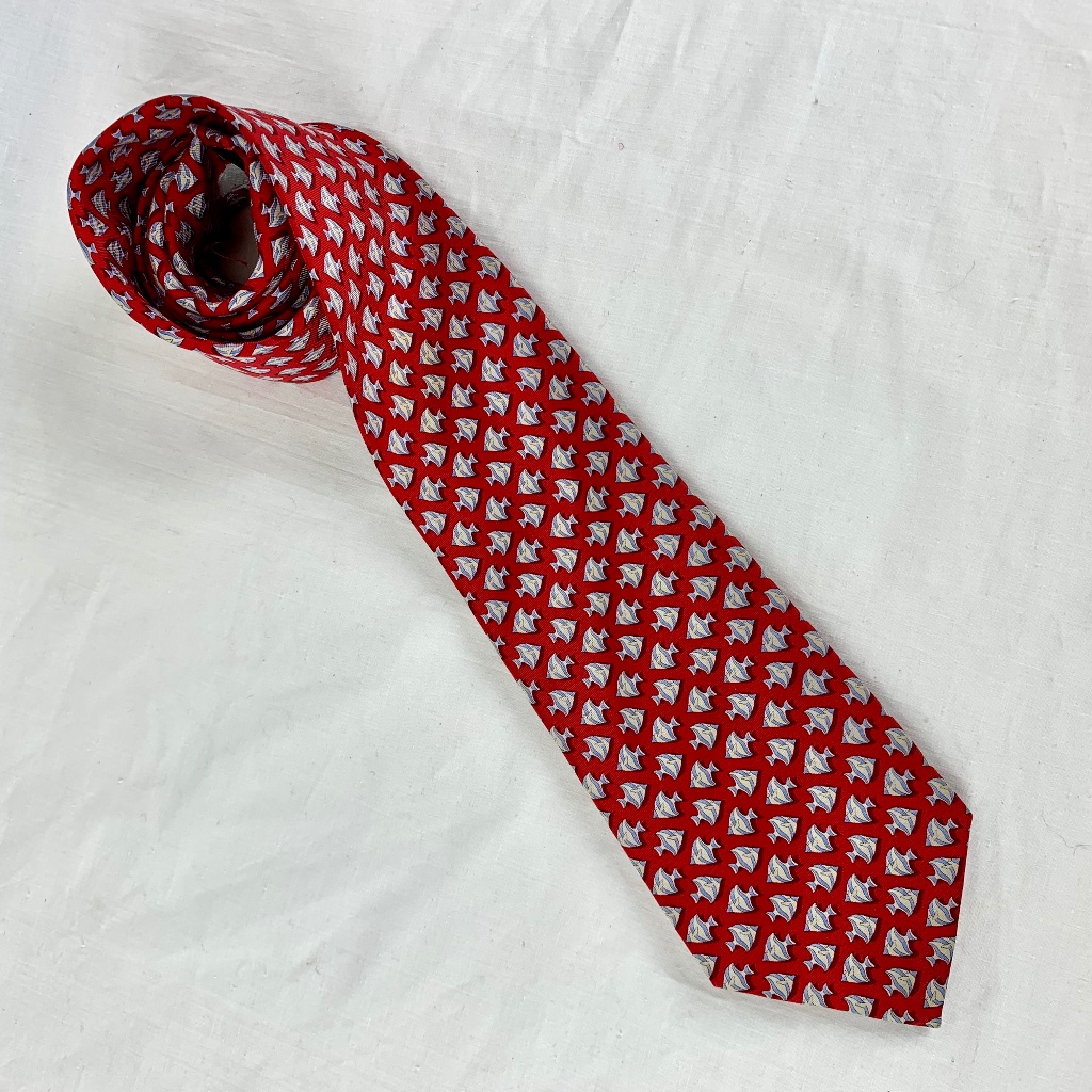 Lands End Red Silk Necktie Tropical Fish Tie Excellent Fathers Day Gift Long